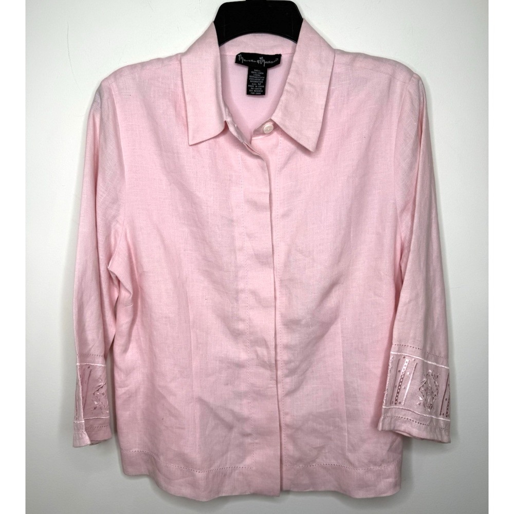 Mercer & Madison 100% Linen Button Up Shirt Womens‎ 12 Pink Office Embroidered L